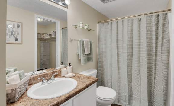 A bathroom with a white toilet, sink, and shower curtain.