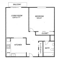 A floor plan of a one bedroom apartment with a living room, bedroom, kitchen, and bathroom.