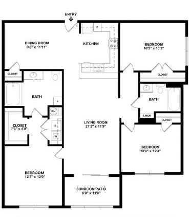 A black and white image of a floor plan for a house with a living room, dining room, kitchen, and several bedrooms.