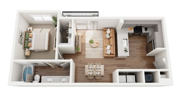 a stylized floor plan with a bedroom and a living room