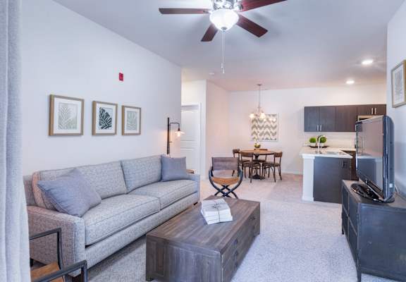 A living room with a grey couch, a coffee table, a television, and a dining table.