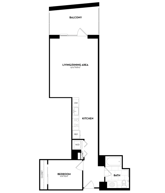 1 Bedroom, 1 Bathroom - 636 square feet