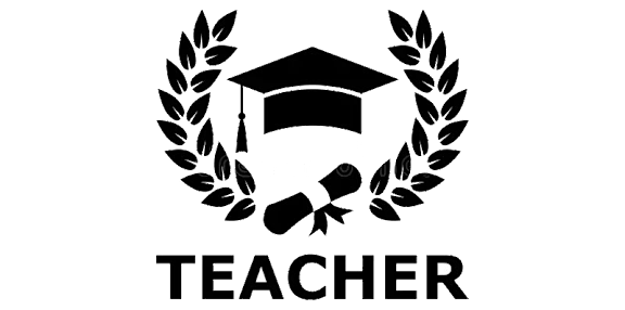 A black and white image of a graduation cap and a diploma with the word "TEACHER" below it.