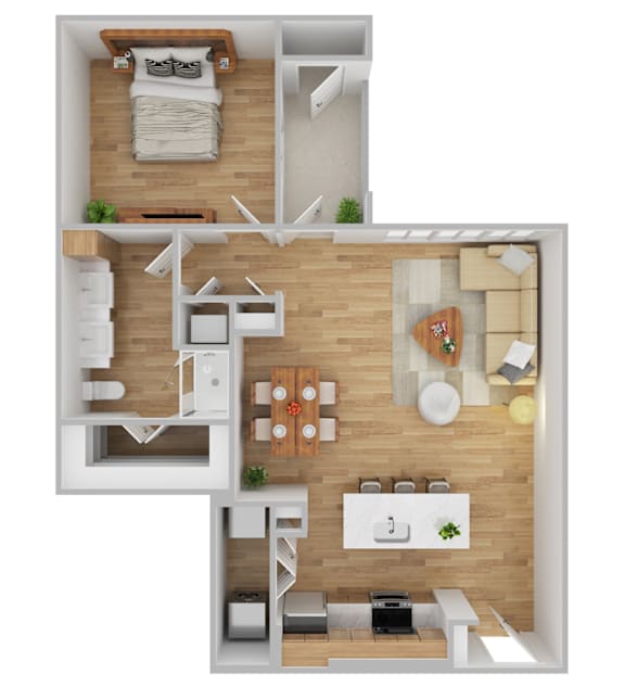 A top-down view of a small apartment with a bedroom, living room, and kitchen.