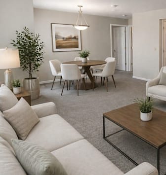 A living room with a white couch, a coffee table, and a dining table with chairs.
