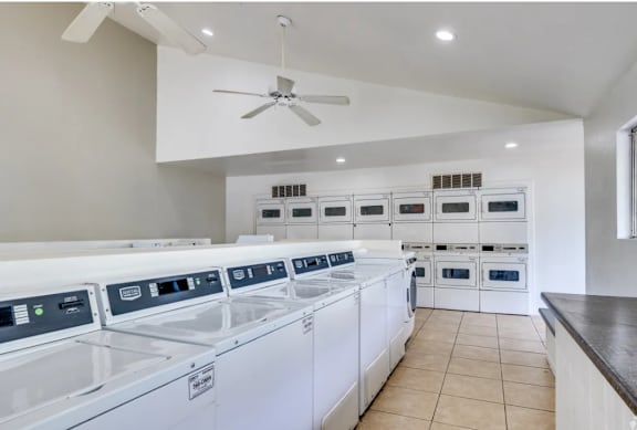 A row of white washing machines are lined up in a laundry room.