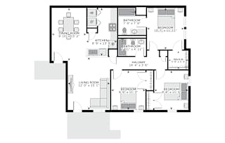A floor plan of a 1060 square foot unit with a living room, two bedrooms, a bathroom, a kitchen, and a dining room.