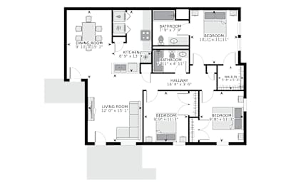 3 bedroom floor plan with 2 bathrooms at Riverview Apartments, Louisiana
