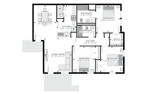 Floor Plan  A floor plan of a 1060 square foot unit with a living room, two bedrooms, a bathroom, a kitchen, and a dining room.