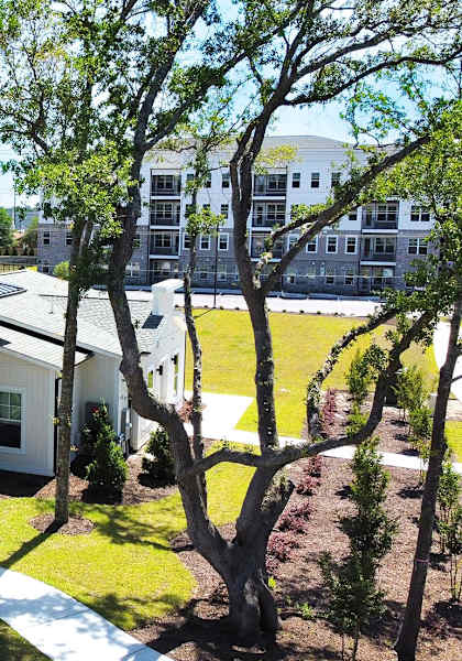 A parking lot in front of a building with a white and grey exterior.