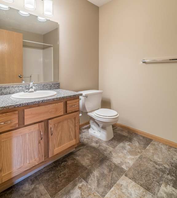A bathroom with a toilet, sink, and wooden cabinets.