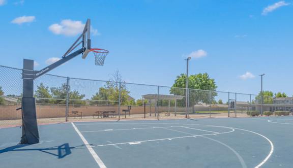 A basketball court with a hoop and a net.
