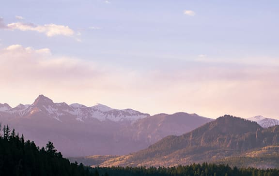 A mountain range with snow capped peaks and a forest in the foreground.