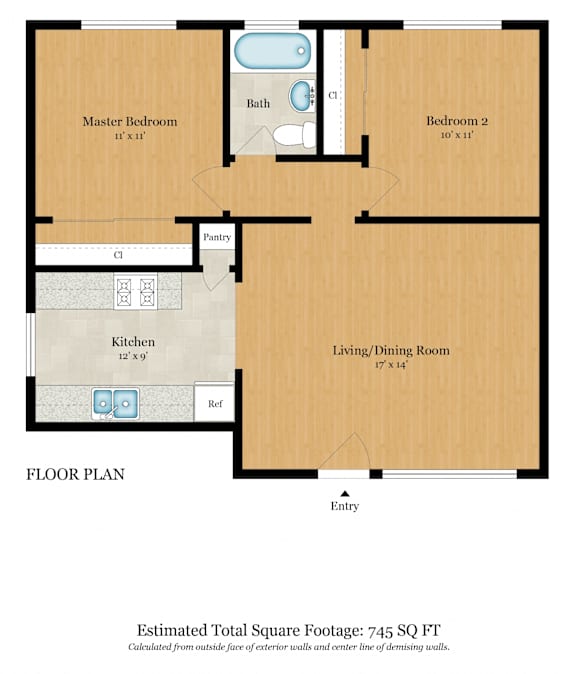 A floor plan of a house with a master bedroom, a bath, two bedrooms, a kitchen, a pantry, a living/dining room, and an entry.