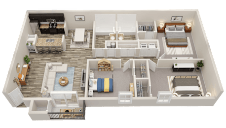 A 3D floor plan of a house with a living room, kitchen, dining room, and bedrooms.