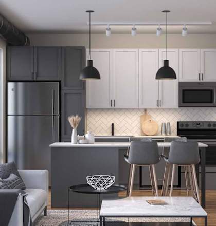 a rendering of a kitchen and living room in an apartment