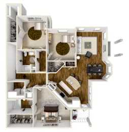 Three bedroom, Two bathroom floor plan at Audubon Park Apartment Homes in Zachary, LA