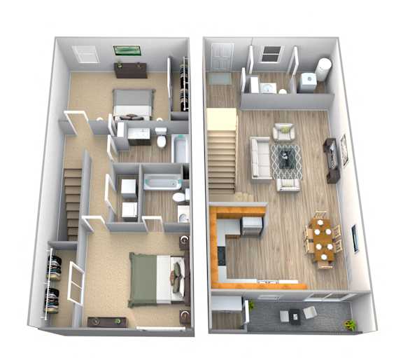 3D Floor Plan 2 Bedroom Townhome