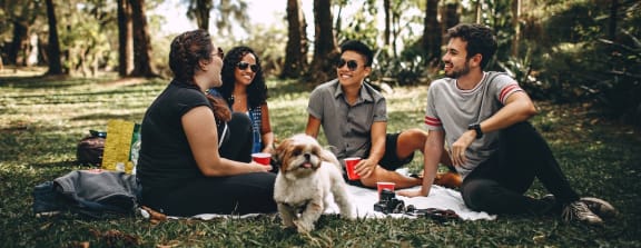 a group of people sitting on the grass with a dog