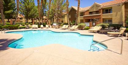 A swimming pool surrounded by palm trees and lounge chairs.