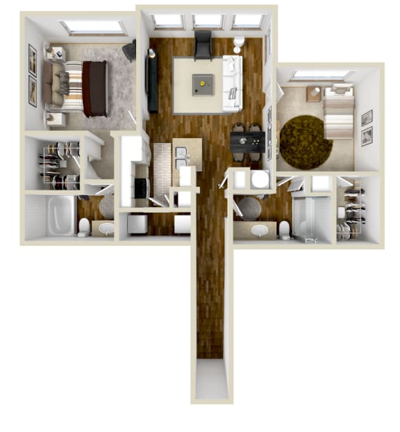 Two bedroom floor plan for rent at Carlton Park Apartment Homes in Flowood, MS
