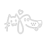 A black and white drawing of a cat and a crocodile.