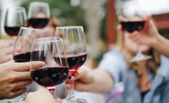 a group of people holding glasses of red wine