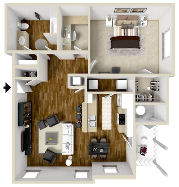 One Bedroom and One Bathroom Floor Plan | 853 Sq. Ft. at Bridgewater Apartment Homes, Brandon, 39047