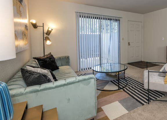 Pepperwood Furnished Model Living Room and Slider Door