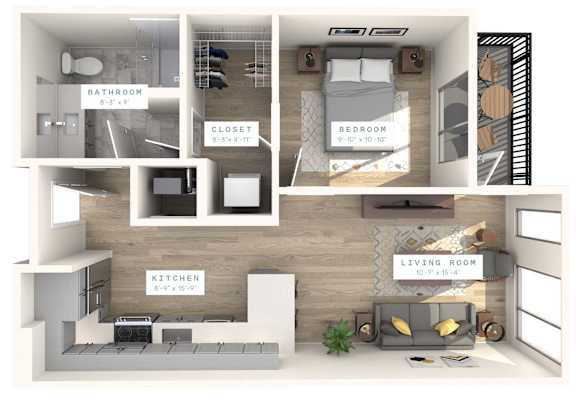 A floor plan of an apartment with a living room, kitchen, bathroom, and bedroom.