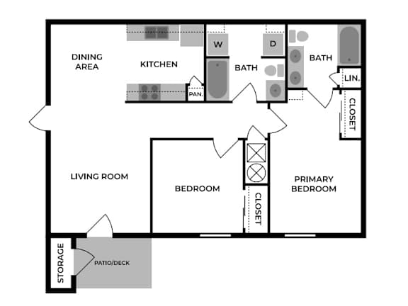 A floor plan of a home with a living room, dining area, kitchen, two bedrooms, a bathroom, and a storage area.