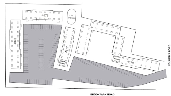 A diagram of a building layout with the address 4875 Brookpark Road.