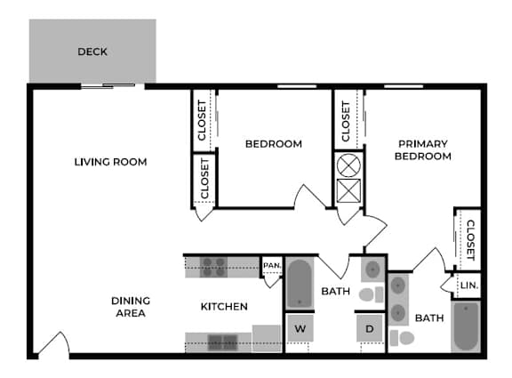 A diagram of a house layout with a deck and a dining area.