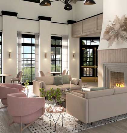 A modern living room with a fireplace and a large window.