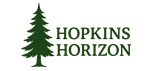 A logo with a tree and the words "Hopkins Horizon" in green on a black background.
