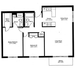 the floor plan for two bedrooms with a bathroom and a closet
