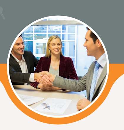 A poster with the text "Service with a smile!" and an image of two people shaking hands.