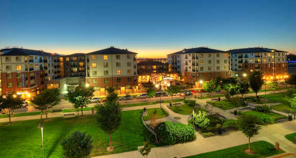Liberty Gateway Apartments, Salt Lake City, Utah, exterior with park area with a walking path and grassy area.