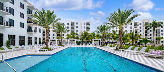 A large swimming pool in front of a white building with palm trees.