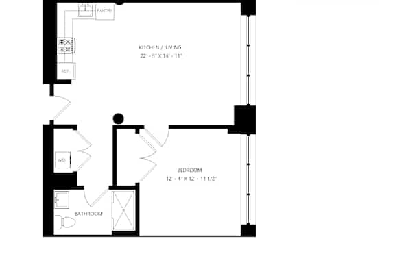A black and white image of a floor plan for a 1 bedroom and 1 bathroom apartment.