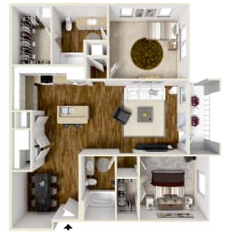 Two bedroom, Two bathroom floor plan at Audubon Park Apartment Homes in Zachary, LA