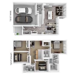 a stylized 3d drawing of a house and a floor plan with a car