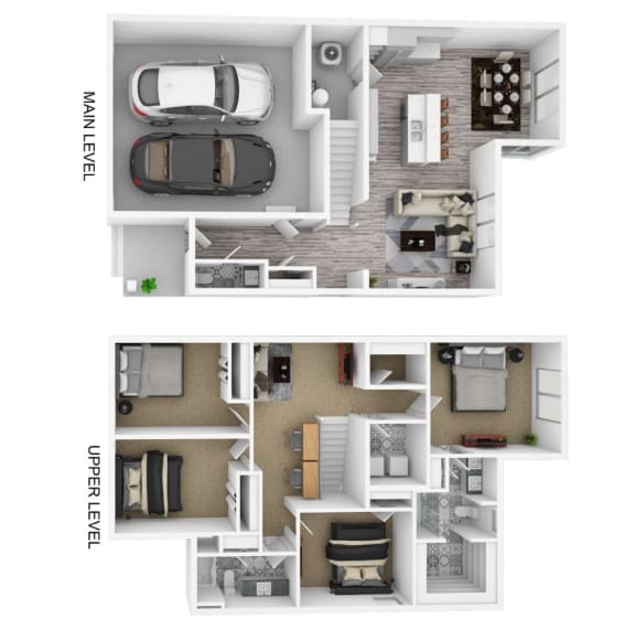 a stylized 3d drawing of a house and a floor plan with a car