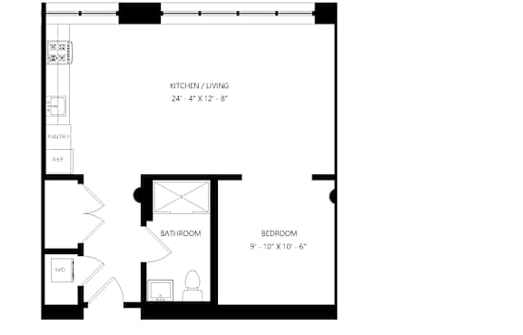 A floor plan of a Studio Alcove with 1 Bathroom.