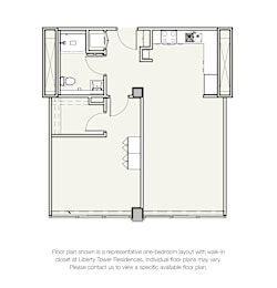 A floor plan of a one-bedroom apartment with a walk-in closet at Liberty Tower Residences.