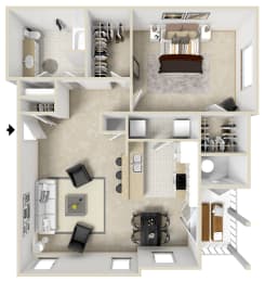 1 bed 1 bath Floor Plan | 820 Sq. Ft. at Reserve at Park Place Apartments, Hattiesburg, Mississippi