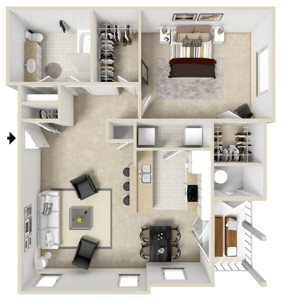 1 bed 1 bath Floor Plan | 820 Sq. Ft. at Reserve at Park Place Apartments, Hattiesburg, Mississippi