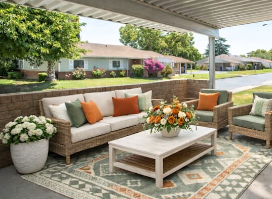 A patio with a white couch, two chairs, and a coffee table with a floral arrangement on top.