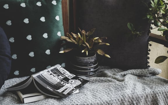 A vase with flowers and a book resting on a soft blanket.