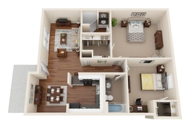 this is a 3d floor plan of a 849 square foot 1 bedroom apartment at the